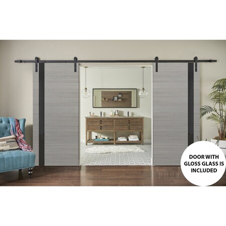 Sartodoors Sturdy Double Barn Door with, Planum 0040 Grey Oak with Black Glass, 13FT Rail Hangers Heavy Set, S PLANUM0040DB-SS-6496