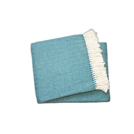 Homeroots 70" X 55" Teal Blue And White Cotton Blend Woven Herringbone Plush Throw Blanket with Tassels 474028