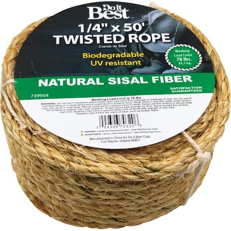 Do It Best 1/4'' x 50 Ft. Natural Twisted Sisal Fiber Packaged Rope 739954