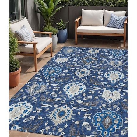 Homeroots 5' X 8' Navy Blue Charcoal And Ivory Damask Washable Indoor Outdoor Area Rug 599437