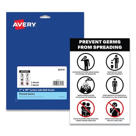 Avery Preprinted Surface Safe Wall Decals, 7 x 10, Prevent Germs from Spreading, White/Black Face, 5PK 83174