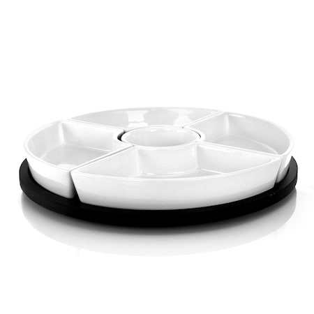 Gibson Elite Gracious Dining 6 Piece Stoneware Sectional Serving Set with Revolving Wood Tray 124456.06