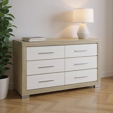 Homeroots 63" Natural And White Wood Six Drawer Double Dresser 643689