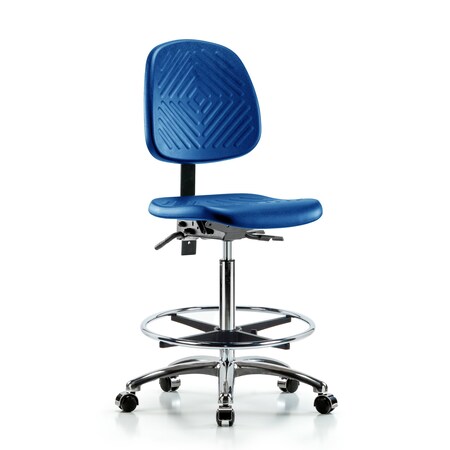 Blue Ridge Ergonomics Poly Chair Chrome, High Bench, Med Back, Chrome Foot Ring, Casters, Blue BR-PHBCH-MB-CR-T0-A0-CF-CC-BLU
