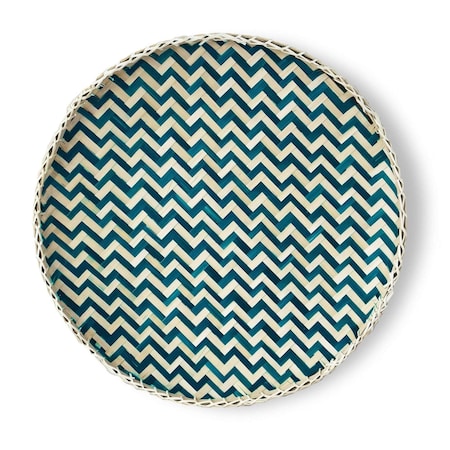 Homeroots 20in Teal and Natural Wicker Chevron Round Handmade Basket Tray 476494