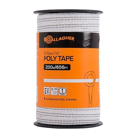 Gallagher Electric Fence Tape, 656 ft L, 1/2 in W, Stainless Steel Conductor, Polyethylene G62304