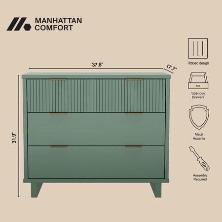 Manhattan Comfort Elara 38 in Solid Wood Dresser in Sage Green (3-Drawer) DR1782-3