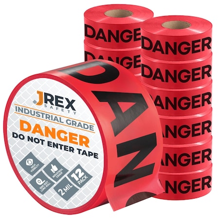 Jrex Safety Danger Do Not Enter Tape Roll - 1000 Ft x 3 Inch Wide Each - Red, 12PK PDDNT-JR-12PK
