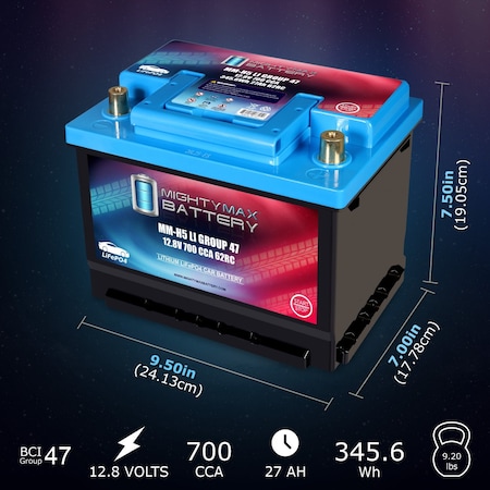 Mighty Max Battery MM-H5LI Lithium Car Battery LiFePO4 12.8V Automotive Start-Stop 700CCA 62 RC 27Ah Group 47 MAX4174219