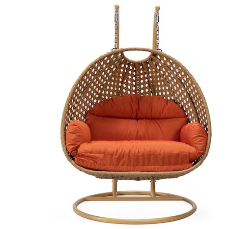 Leisuremod Mendoza Light Brown Wicker Hanging 2 person Egg Swing Chair with Orange Cushions MSCLBR-53OR