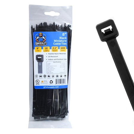 Grizzly Supply Cable Tie, 8 in L, 18 lb Strength, 2.2 in Max Bundle Dia, Nylon 6/6, UV Resistant, Black, 100PK GS-M8-18-0C