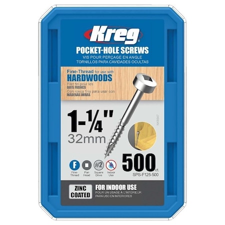 Kreg Self-Drilling Screw, #6 x 1-1/4 in, Zinc Plated Stainless Steel Pan Head Square Drive SPS-F125 - 500