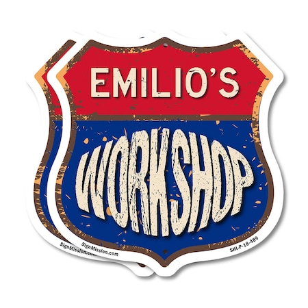 Signmission Emilio's Workshop, 18 inch X 18 inch, Plastic Sign, 2PK SHI-P-2PACK-18-489-EMILIO