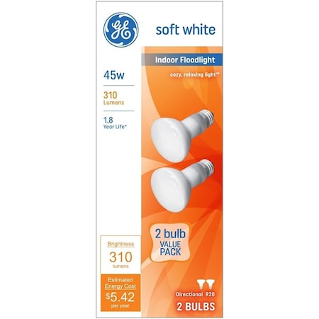 Ge 18279 Light Bulb, CC-6 Filament, 2.5 in Dia x 3.31 in L Dimensions, 45 W, R20 Lamp, PK2 93131345