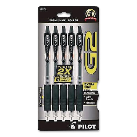Pilot G2 Premium Gel Pen, Retractable, Extra-Fine 0.5 mm, Black Ink, Clear/Black Barrel, 5PK G25C5BLK