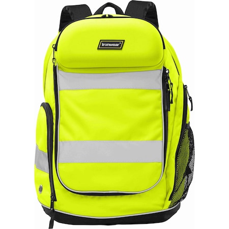 Ironwear Hi Vis Reflective Padded Backpack w/ Helmet Carrier, Bottle Holder and 3 Utility Pockets, Lime 1905-L