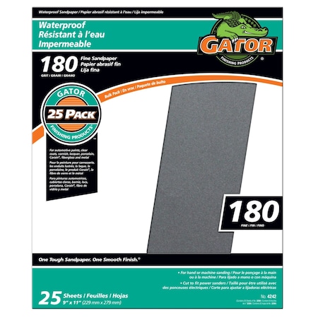 Gator Finishing 9 x 11 in Waterproof Sandpaper, 180 Grit, Fine, 25PK 4242