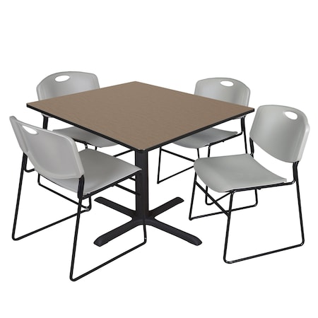 Regency Square Cain Breakroom Table W/ 4 Zeng Stack Chairs, 48 in W, 48 in L, Noble Oak TB4848NO44GY