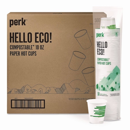 Perk Eco-ID Compostable Paper Hot Cups, 10 oz, White/Green, 500PK PK56223CT