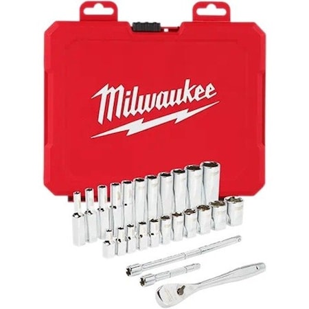 Milwaukee Tool 1/4 in Drive Socket Wrench Set SAE 26 Pieces 5/32 in to 9/16 in , Chrome 48-22-9404