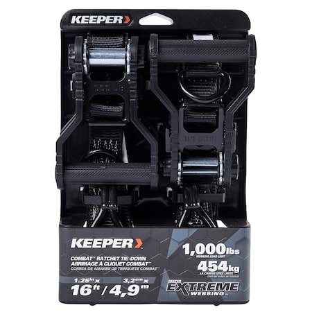 Keeper Tie-Down, 1-1/4 in W, 16 ft L, Black, 1000 lb Working Load, J-Hook End, 2/PK, 2PK 85450