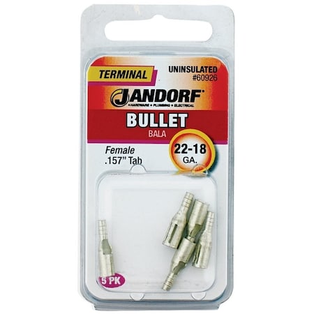 Jandorf Bullet Terminal, 600 V, 22 to 18 AWG Wire, Copper Contact, 5PK 60926