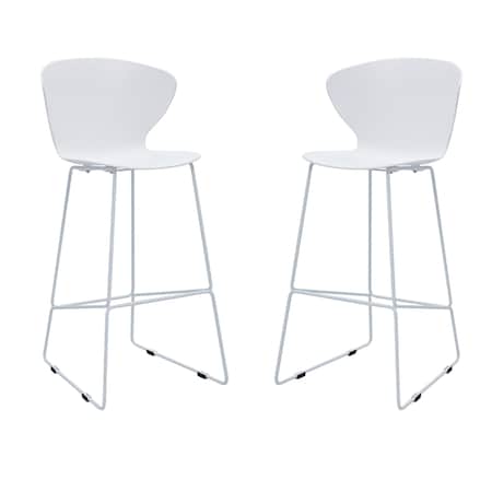 Homeroots Set of Two 30" White and Silver Heavy Duty Plastic and Metal Low Back Bar Height Bar Chairs, 2PK 555096