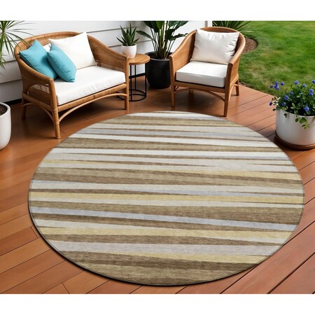 Homeroots 8' Brown Beige And Gray Round Striped Washable Indoor Outdoor Area Rug 597315