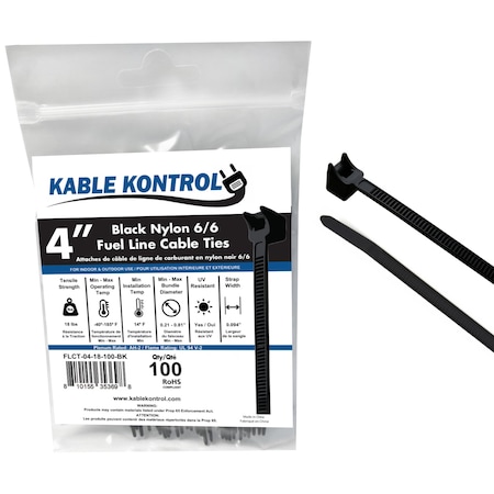 Kable Kontrol Fuel Line Radius Cable Zip Ties, 4 in L, 0.81 in Max Bundle Dia., Black, Nylon 6-6, 18 lbs Strength flct-04-18-100-bk