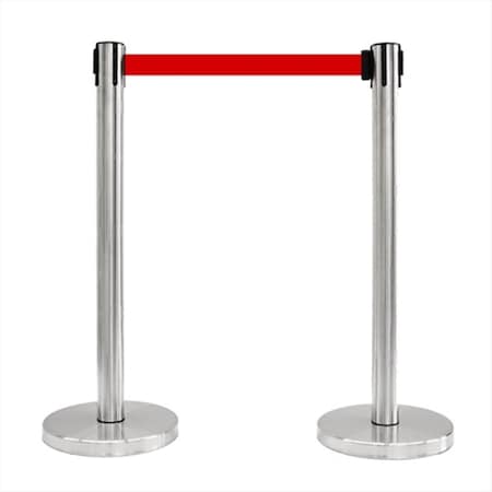 Captain Cold 14 in. Flat Base Satin Stainless Post & Cover Retractable Belt Stanchion - 10 ft. Red Belt CA2677478