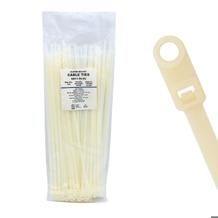Cable Ties Unlimited Screw Mount Cable Tie, 11 in L, 50 lb Strength, 3.2 in Max Bundle Dia, Nylon, Natural, 100PK SM11-50-9C