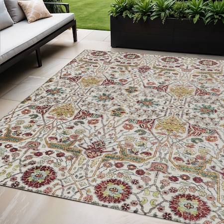Homeroots 5' X 8' Ivory Red And Green Floral Washable Indoor Outdoor Area Rug 604648