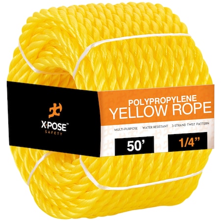Xpose Safety 1/4in x 50ft Twisted Polypropylene Rope, Yellow YPR14-50-X