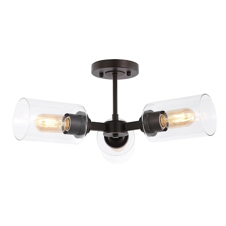 Jonathan Y Jaymes 20" 3-Light Farmhouse Industrial Iron Cylinder LED Semi Flush Mount, Oil Rubbed Bronze/Clear JYL9543A