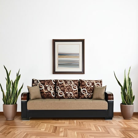 Homeroots 87" Brown Polyester Convertible Futon Sleeper Sofa And Toss Pillows With Storage 607140