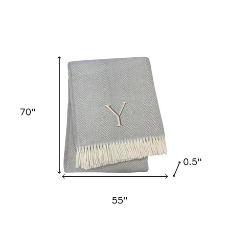 Homeroots 55" X 70" Gray White Herringbone Cotton Blend Y Initial Throw Blanket with Tassels Embroidery 655548