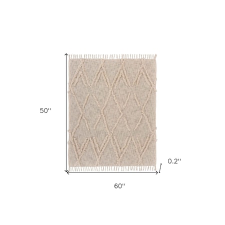 Homeroots 60" X 50" Beige Woven Cotton Geometric Throw Blanket with Fringe 516551