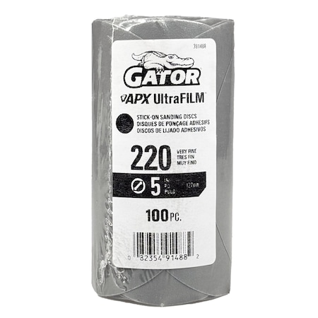 Gator Finishing 5 in. Premium Hook and Loop Sanding Disc, 220 Grit, 100PK 391488