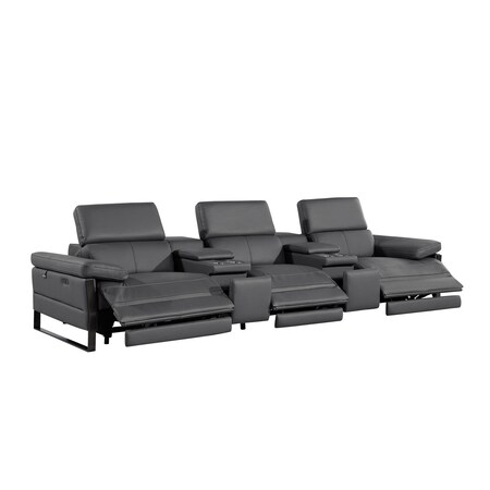 Homeroots 129" Dark Gray Top Grain Leather Reclining Metal USB Sofa 720339