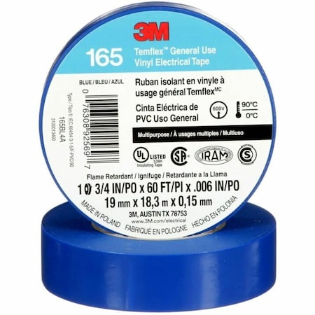 3M Vinyl Electrical Tape, 165, Temflex, 3/4 in W x 60 ft L, 6 mil thick, Blue 165BL4A