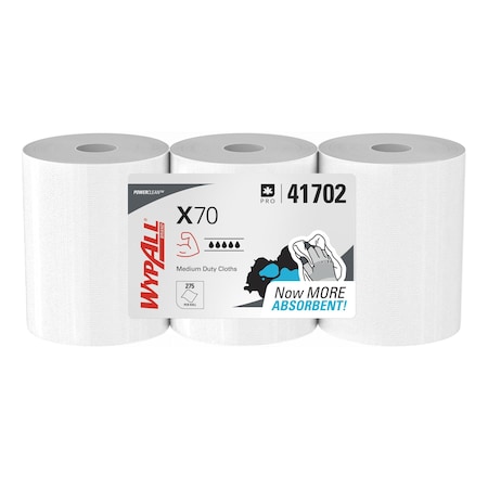 Wypall WypAll Power Clean X70 Medium Duty Cloths (41702), Center Pull Roll, Long Lasting, White, 3 Rolls 41702