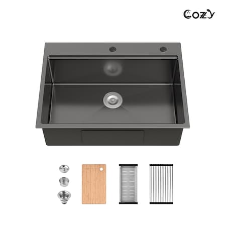 30 in. Drop-In Single Bowl 20 Gauge Black Stainless Steel Kitchen Sink with Drain and Hook