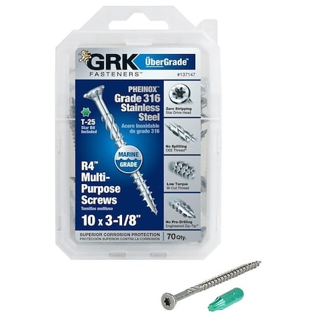 Grk Fasteners Deck Screw, #10 x 3-1/8 in, 316 Stainless Steel, Flat Head, Torx Drive 137147