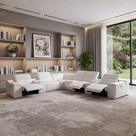 Homeroots White Italian Leather Power Reclining U Shaped Eight Piece Corner Sectional With Console 366364