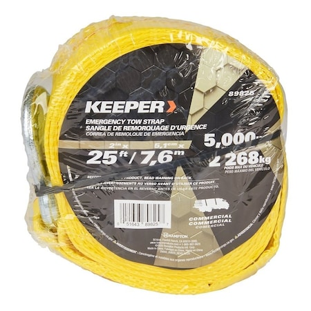 Keeper Tow Strap, 12,000 lb, 2 in W, 25 ft L, Slip Hook End, Yellow 89825