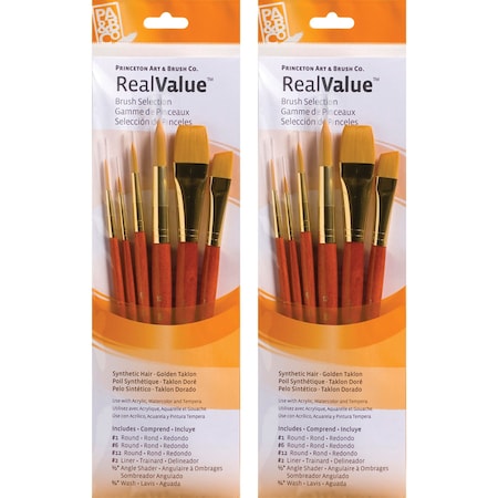 Princeton RealValue Brush Set, Gold Taklon Bristles, Short Handle Mixed Media Paintbrush, 6-Piece Set, 2PK PR9153