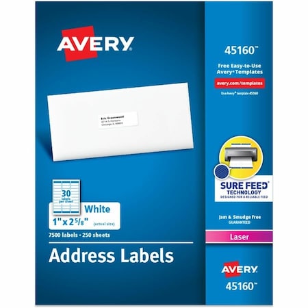 Avery Address Labels, 1 x 2-5/8, White, 7500/Box 45160