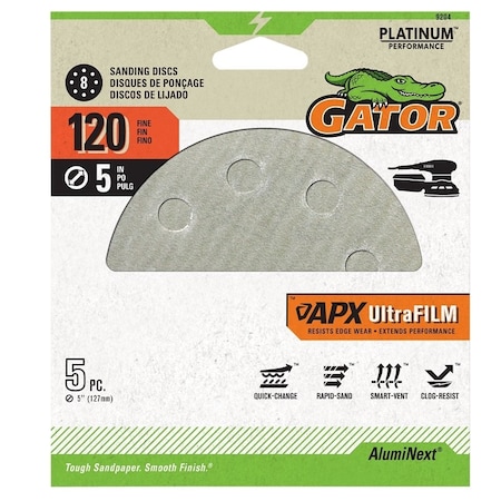 Gator Sanding Disc, 5 in Dia, 120 Grit, Aluminum Oxide Abrasive, 8-Hole 9204
