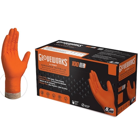 Gloveworks By Ammex XXL Orange Gloveworks Industrial Raised Diamond Texture Nitrile Gloves, 8-Mil, 100PK GWON49100