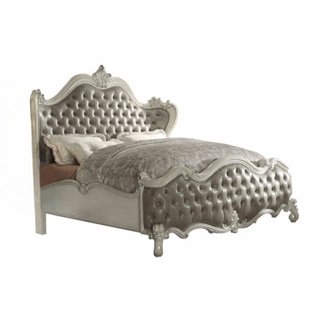 Homeroots King Tufted Ivory And Gray Upholstered Faux Leather Bed With Nailhead Trim 348178